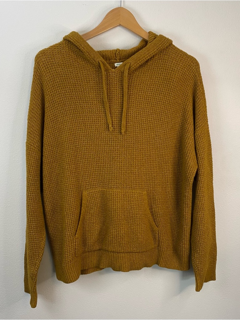 Aerie Yellow Mustard Waffleknit Hooded Sweatshirt Pullover Women’s Medium